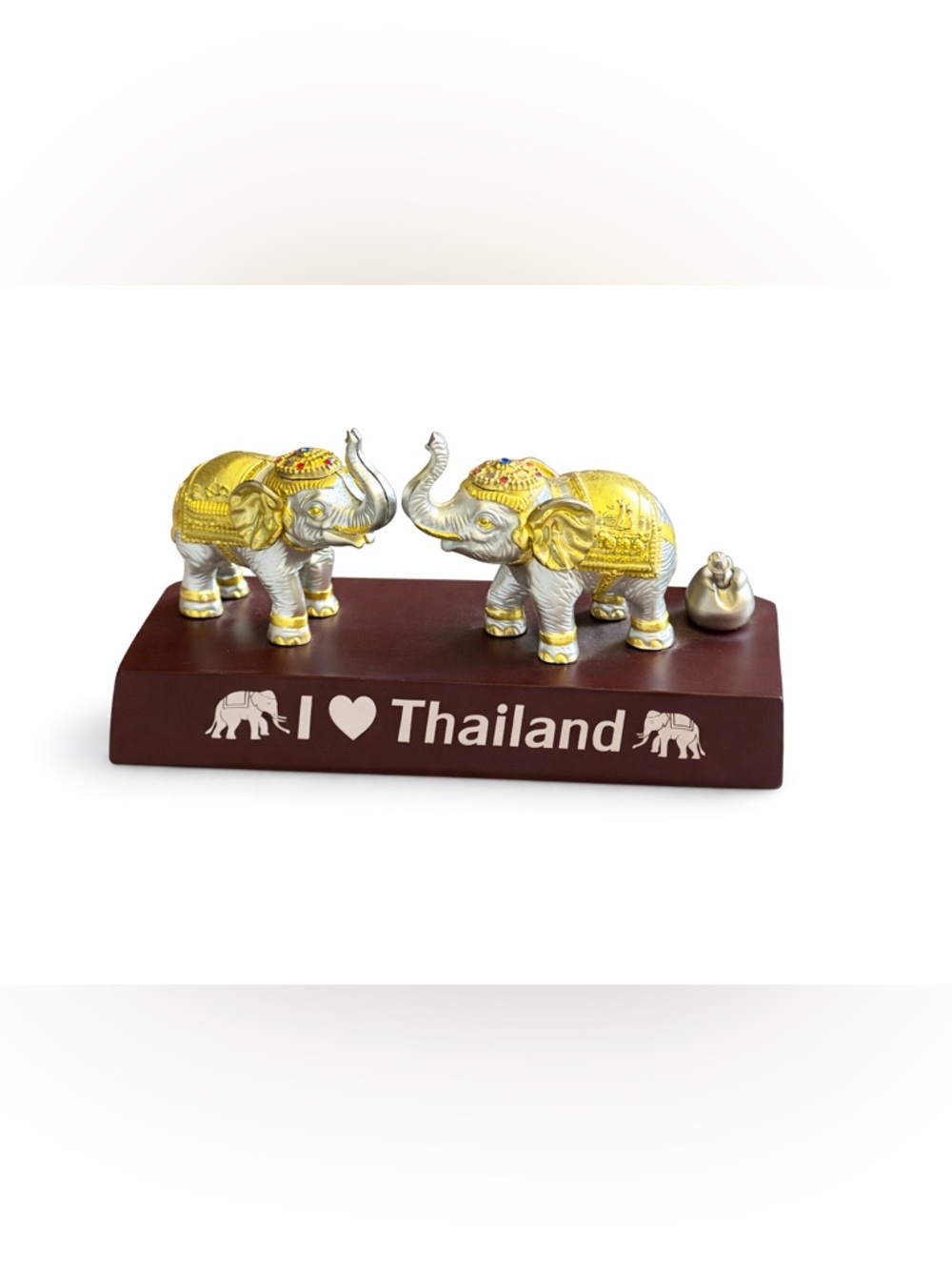 Thailand Elephant Figurine Set – Gold & Silver “I ❤️ Thailand” Souvenir Decor